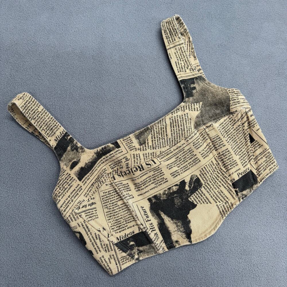 Isalis Newspaper Denim Bustier Crop Top Womens S Tan Square Neck Tank Retro - Picture 2 of 9